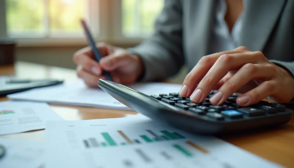 Femme analyste financière utilisant une calculette en pourcentage sur un bureau professionnel avec des documents financiers