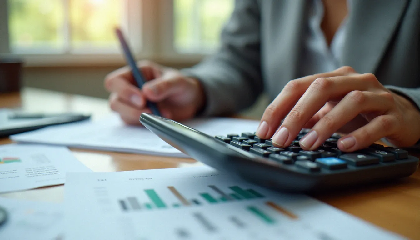 Femme analyste financière utilisant une calculette en pourcentage sur un bureau professionnel avec des documents financiers