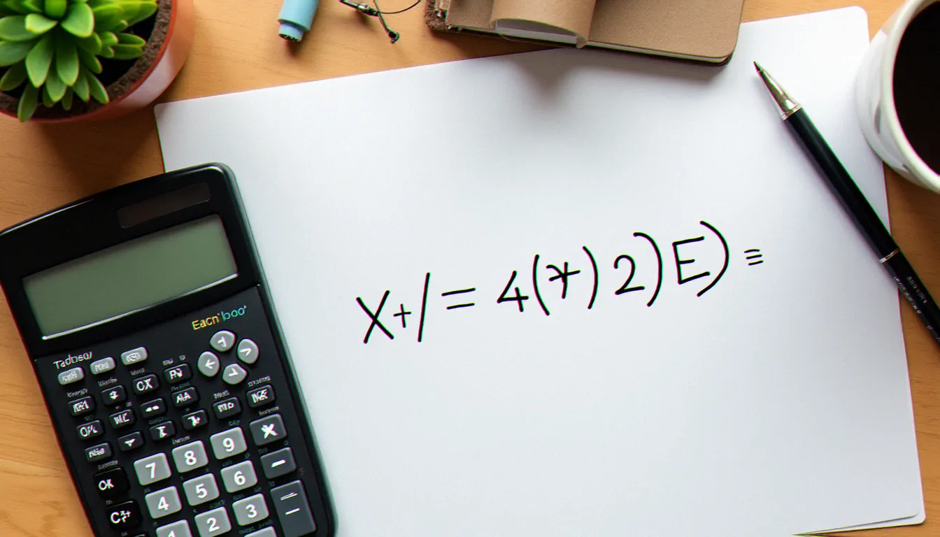 Calculatrice et formule mathématique manuscrite sur un bureau en bois pour illustrer le calcul d'un taux d'évolution