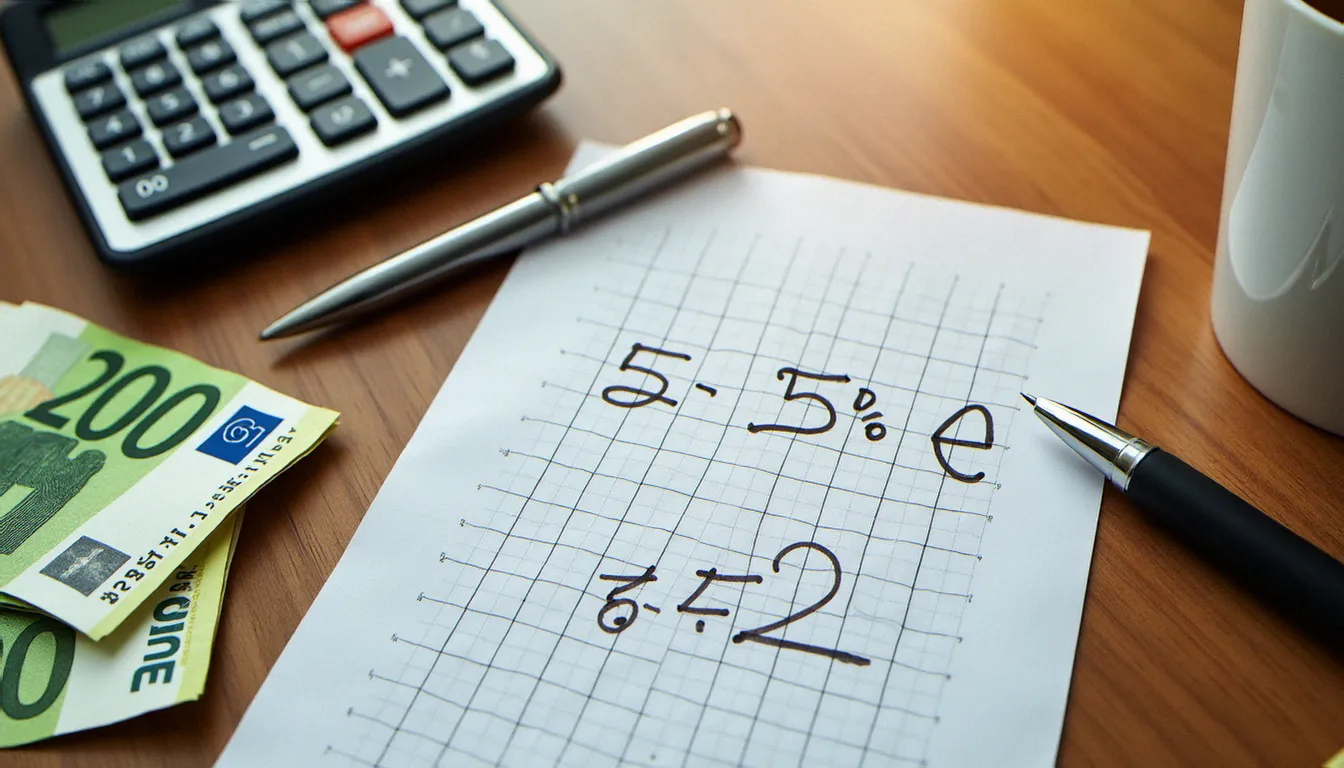 Vue aérienne d'un bureau avec calculatrice affichant un résultat, billets en euros et formule mathématique manuscrite pour calculer un pourcentage d'un nombre