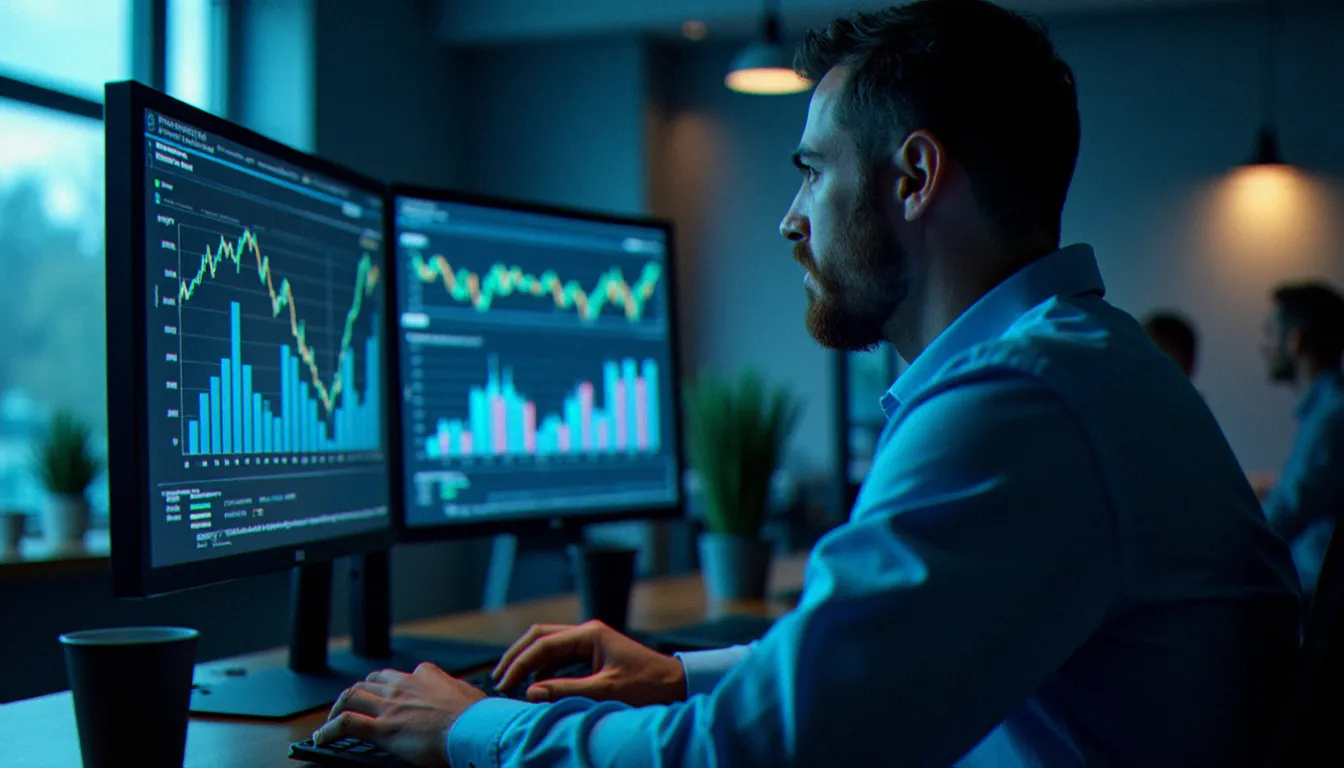 Analyste financier devant deux écrans affichant des graphiques de variation et d'évolution, illustrant l'application du calcul de pourcentage à l'analyse de données économiques