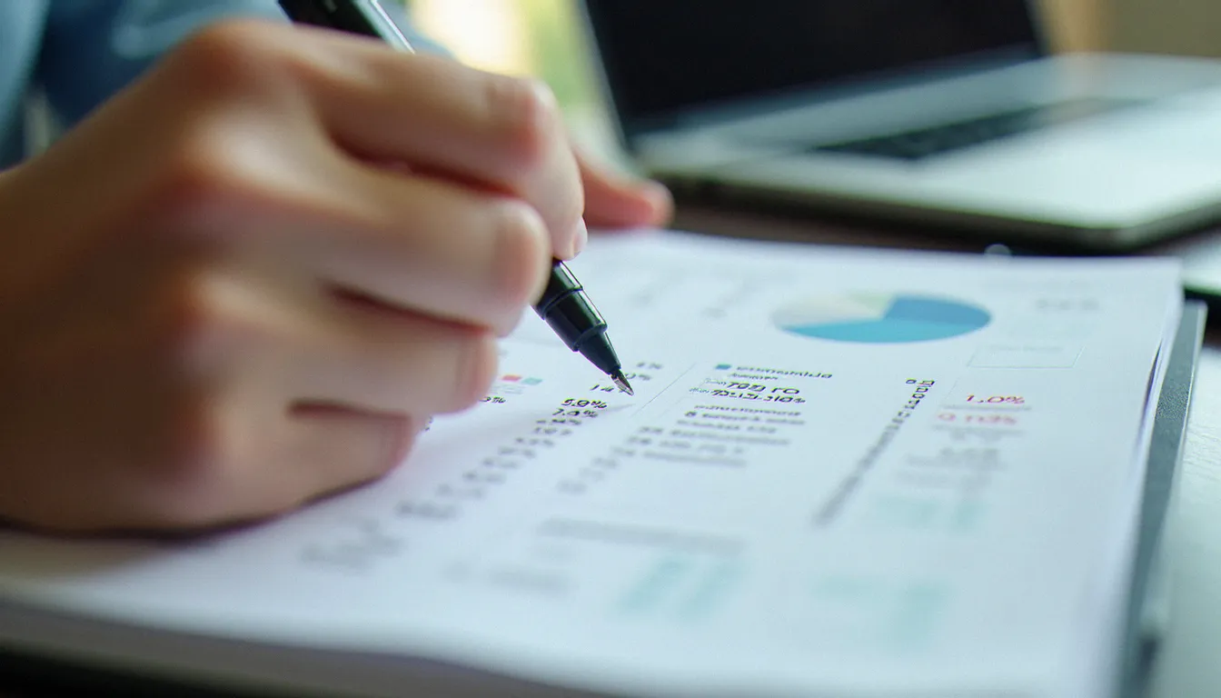 Une analyste financière calculant des pourcentages sur un bloc-notes avec des tableaux financiers en arrière-plan, illustrant comment calculer un pourcentage
