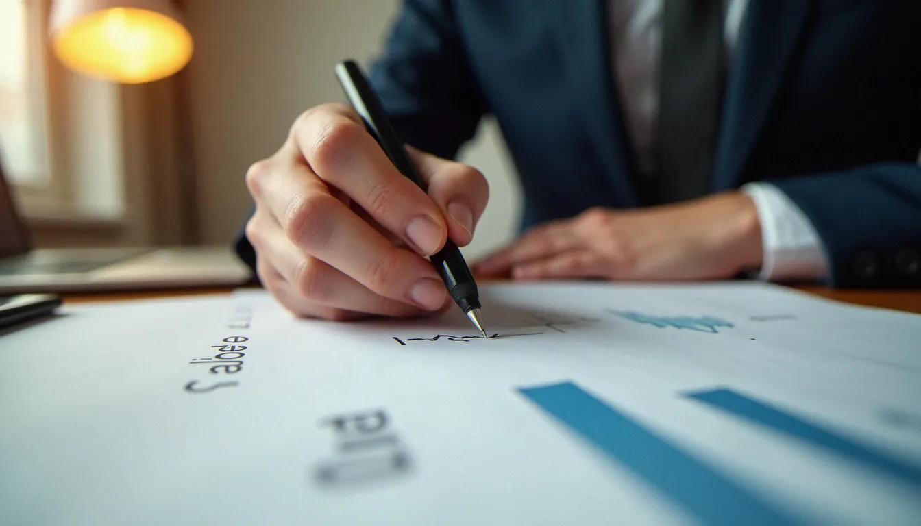 Mains écrivant la formule de taux d'évolution sur papier blanc avec des graphiques financiers en arrière-plan