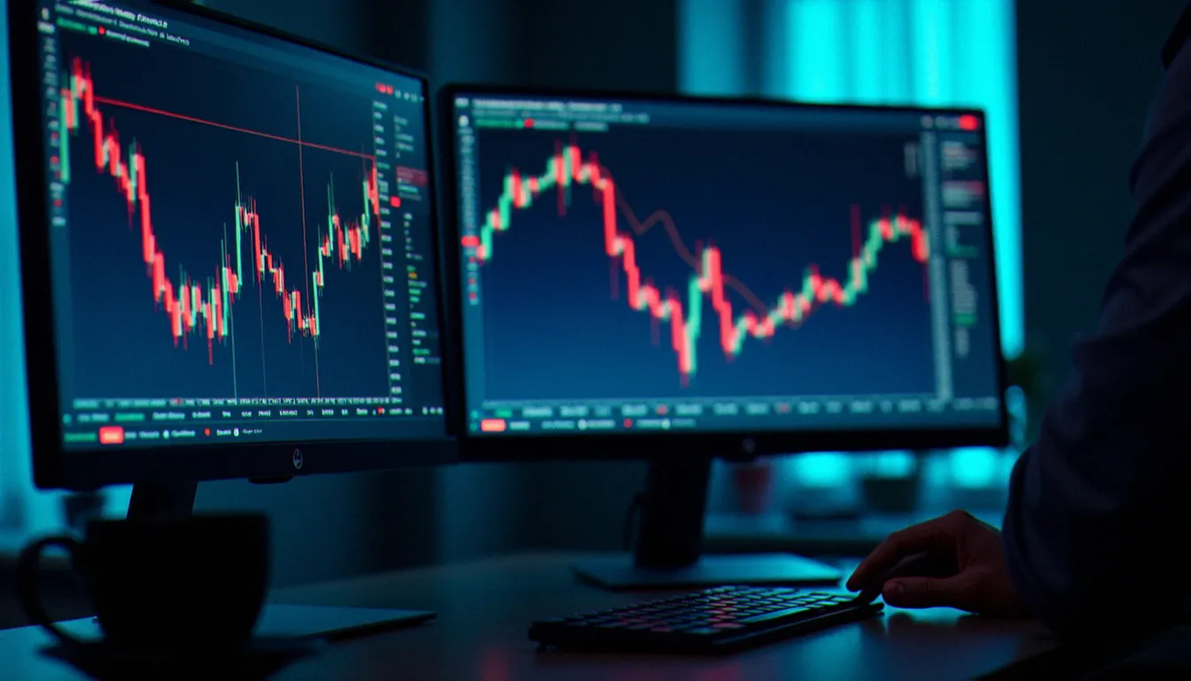 Écrans d'ordinateur affichant des courbes de taux d'évolution successifs dans un bureau d'analyse financière