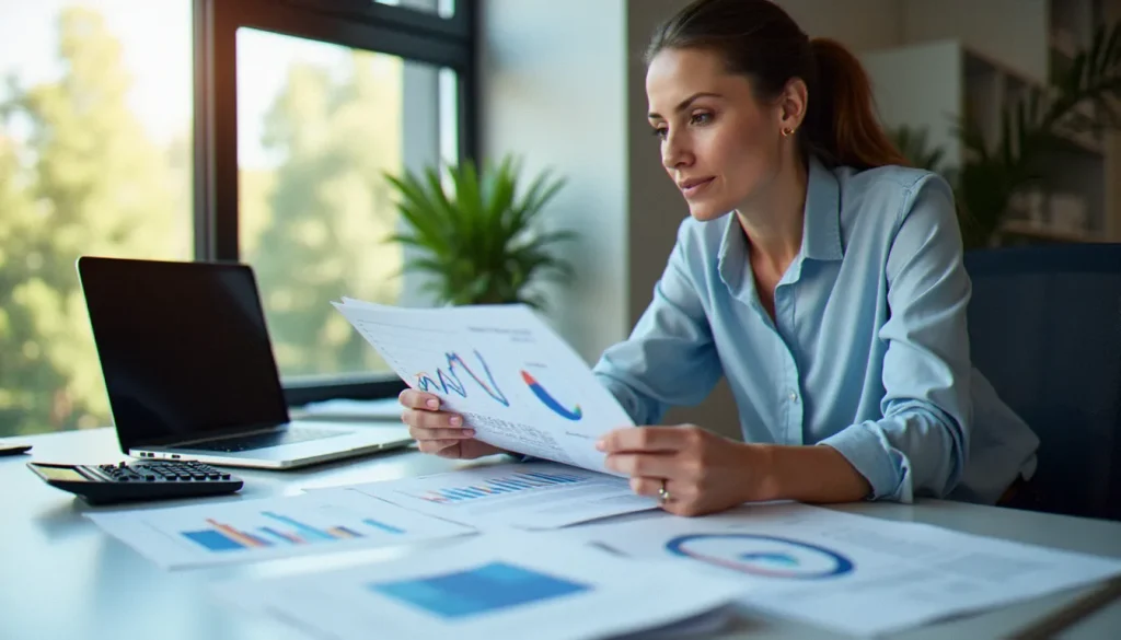 Analyste financière calculant une formule de taux d'évolution sur des documents imprimés à son bureau