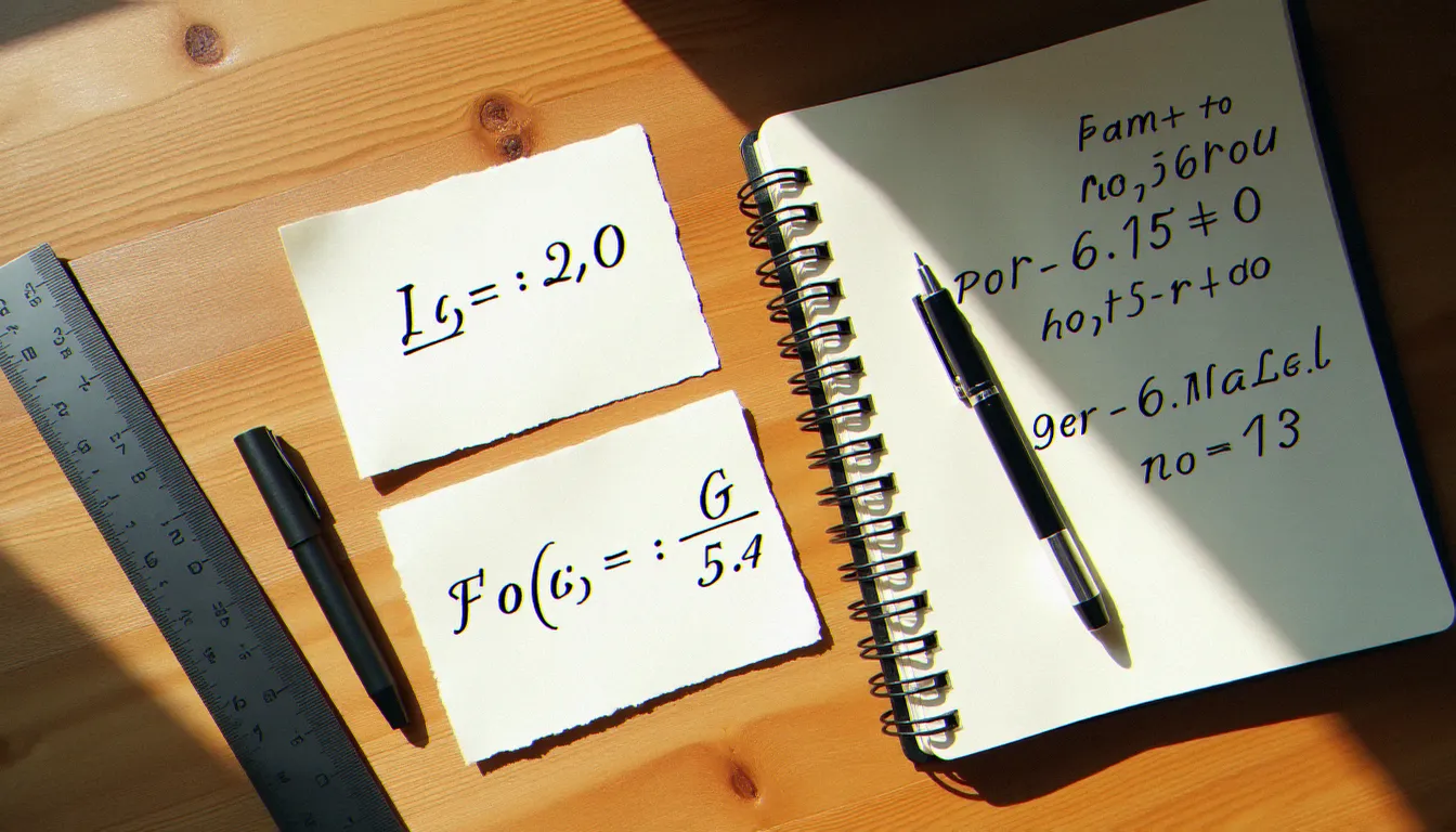 Vue aérienne d'un bureau avec des formules mathématiques de calcul de pourcentage écrites sur des fiches