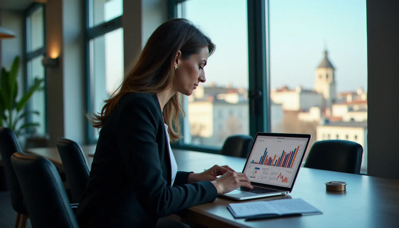 Analyste financière consultant des graphiques de pourcentages et de taux d'évolution sur un ordinateur portable dans un bureau moderne