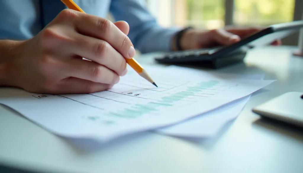 Analyste financière utilisant une formule pour calculer un pourcentage sur du papier millimétré avec une calculatrice scientifique