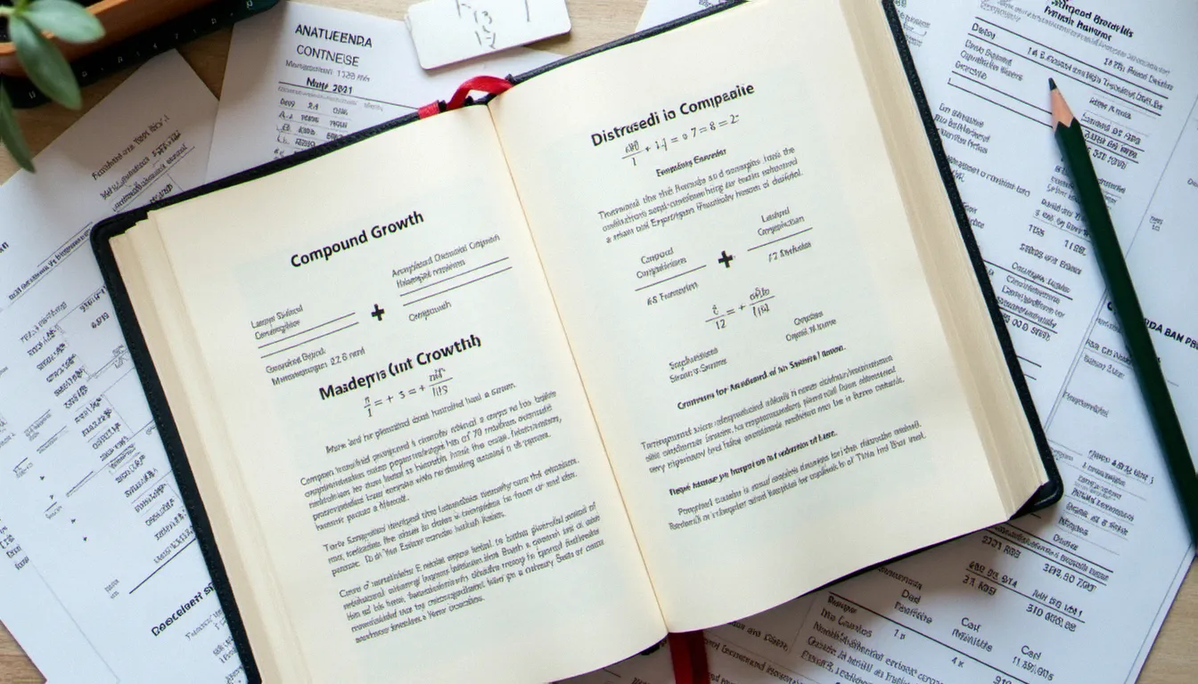Vue de dessus d'un manuel de mathématiques financières ouvert sur les formules de taux composés, entouré de documents chiffrés annotés