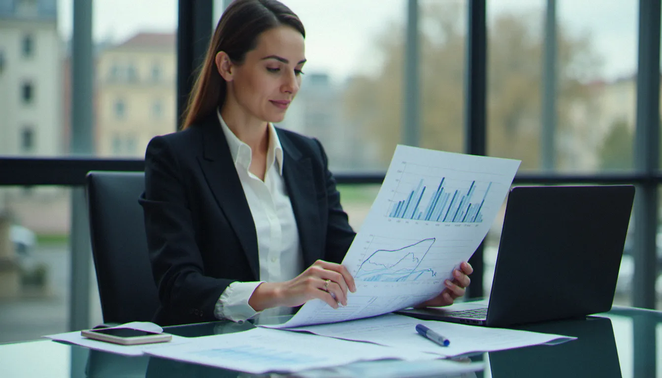 Analyste financière examinant des graphiques de croissance sur plusieurs années dans un bureau moderne avec vue sur une ville française