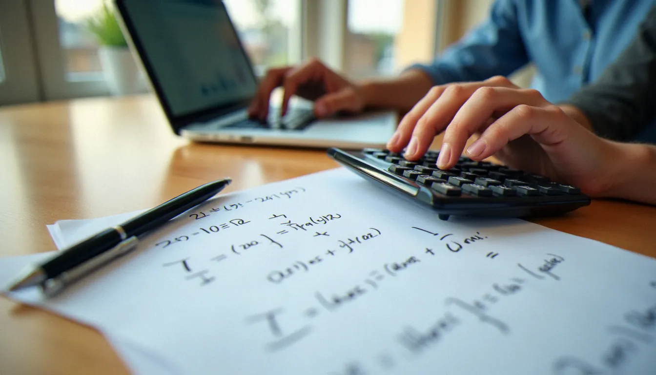 Analyste financière calculant la formule taux d'évolution avec n périodes à l'aide d'une calculatrice scientifique et d'un tableau de données