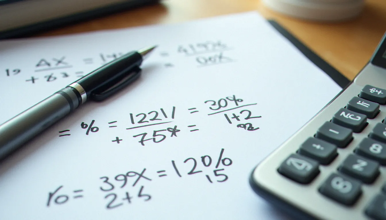 Calculatrice posée sur des notes manuscrites illustrant les formules fondamentales du pourcentage calcul