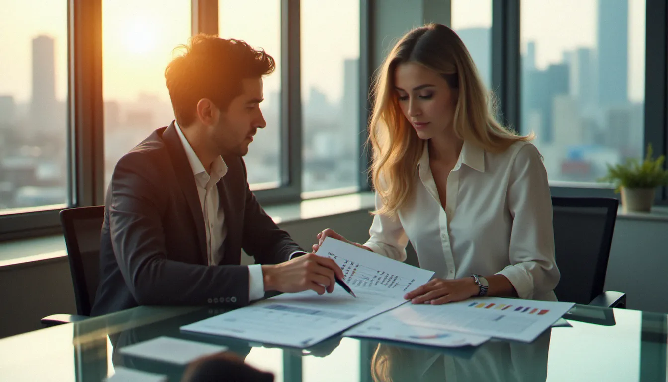 Professionnelle en finance analysant des données de pourcentage calcul dans un cadre de réunion avec vue sur la ville