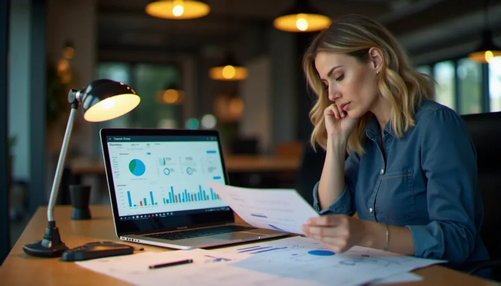 Analyste financière consultant des tableaux de pourcentage calcul dans un bureau moderne à Lyon