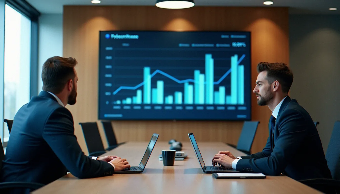 Deux professionnels analysant des graphiques d'évolution en réunion, illustrant les applications concrètes du taux de variation en finance d'entreprise