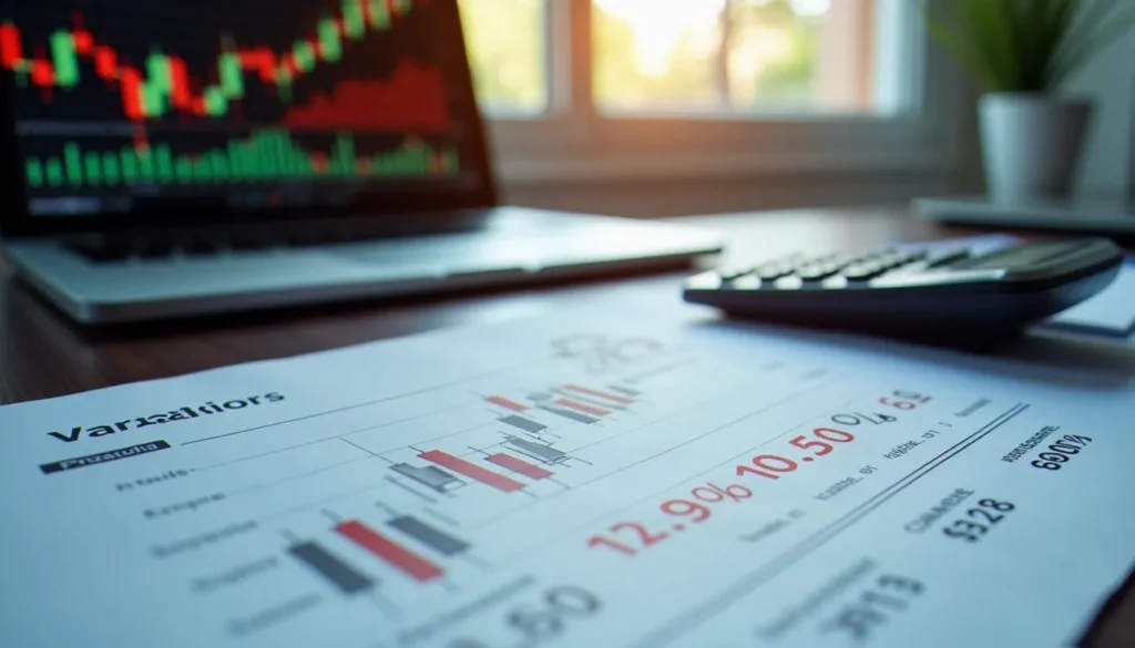 Bureau d'analyste financière avec des graphiques de taux de variation et une calculatrice, illustrant le calcul de taux d'évolution